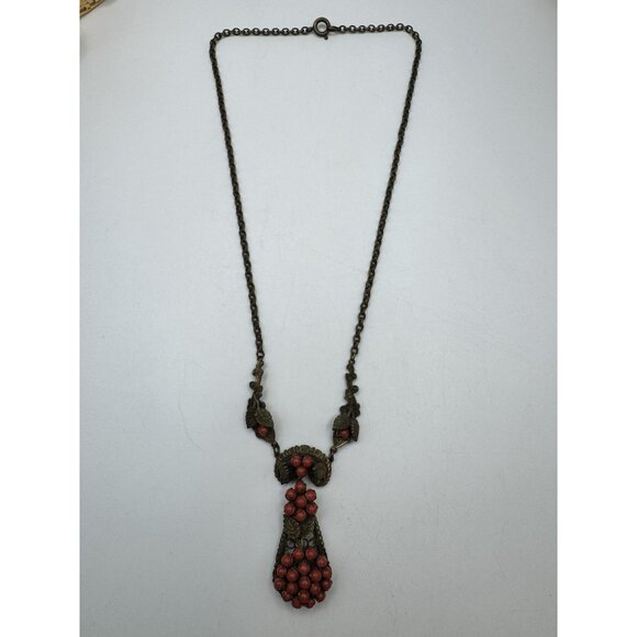 Vintage Victorian Revival Necklace Brass Faux Coral Czech Art Nouveau - Picture 6 of 8